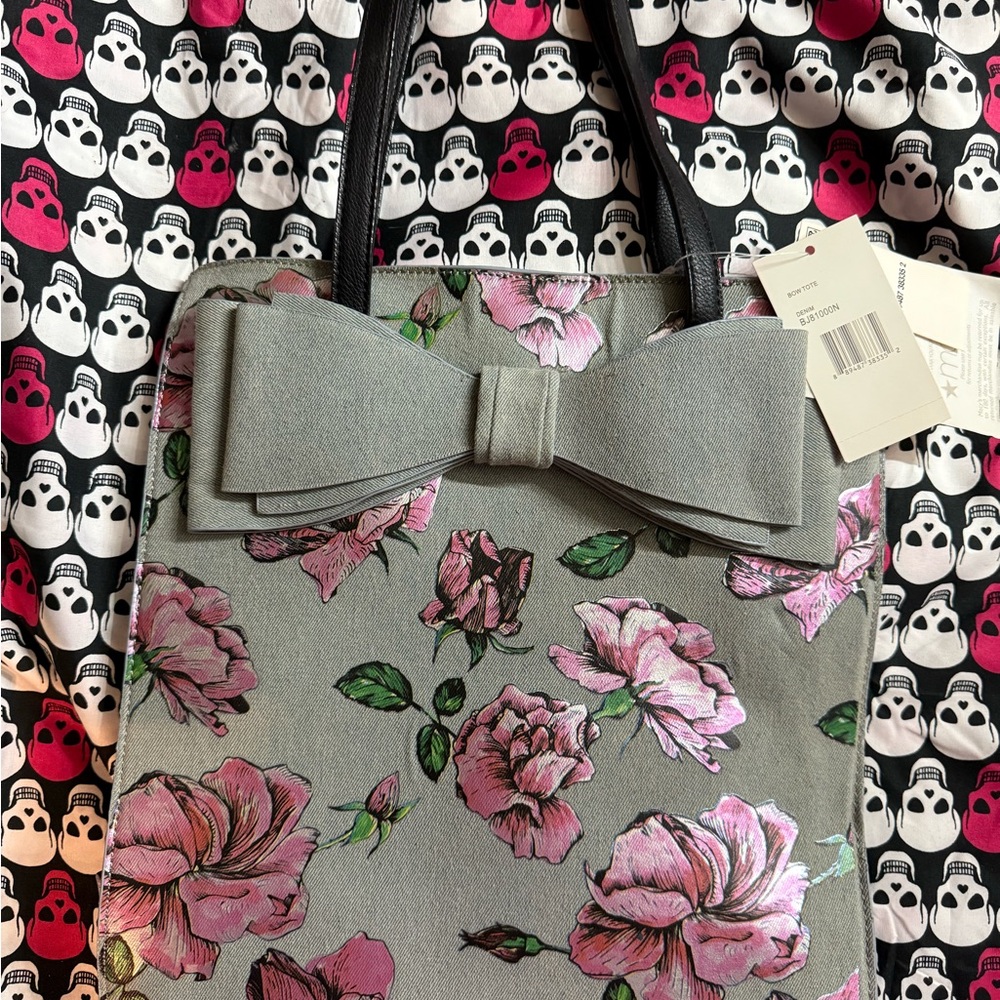 Betsey Johnson Grey Denim with Floral Metallic pattern Gray Tote Bag NWT